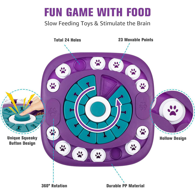 Purple and teal puzzle toy for pets with text highlighting features on a white background