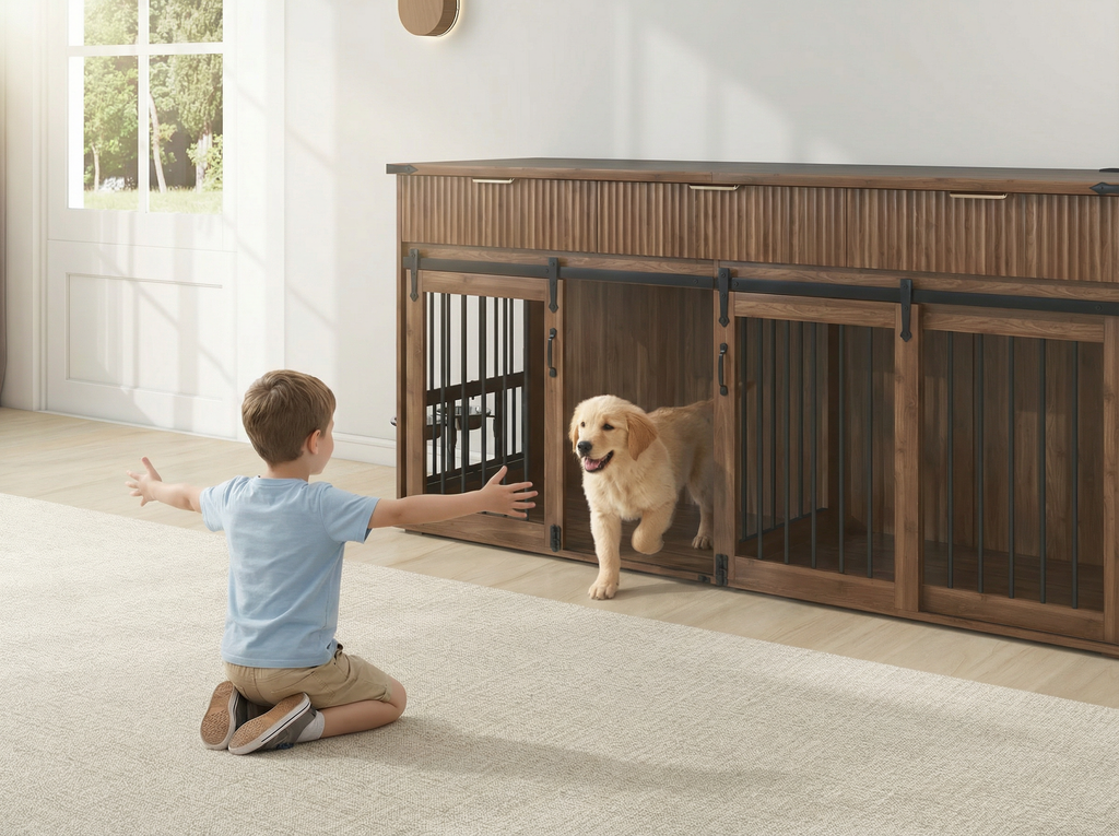 71" Double Dog Crate Furniture with Fluted Drawers, Feeders & Power Station
