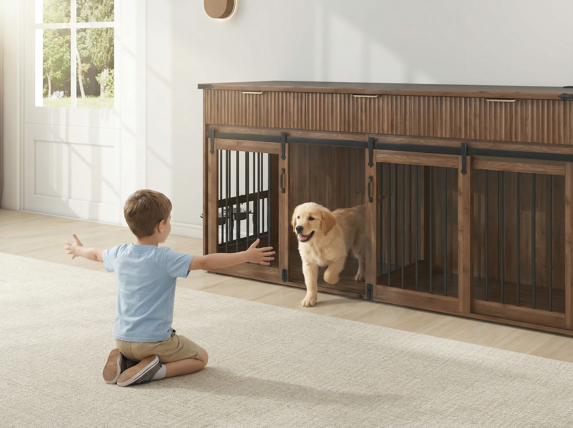 71" Double Dog Crate Furniture with Fluted Drawers, Feeders & Power Station