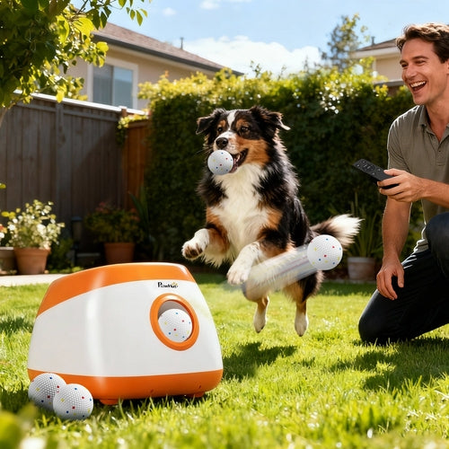 Dog playing with a remote-controlled ball machine in a backyard