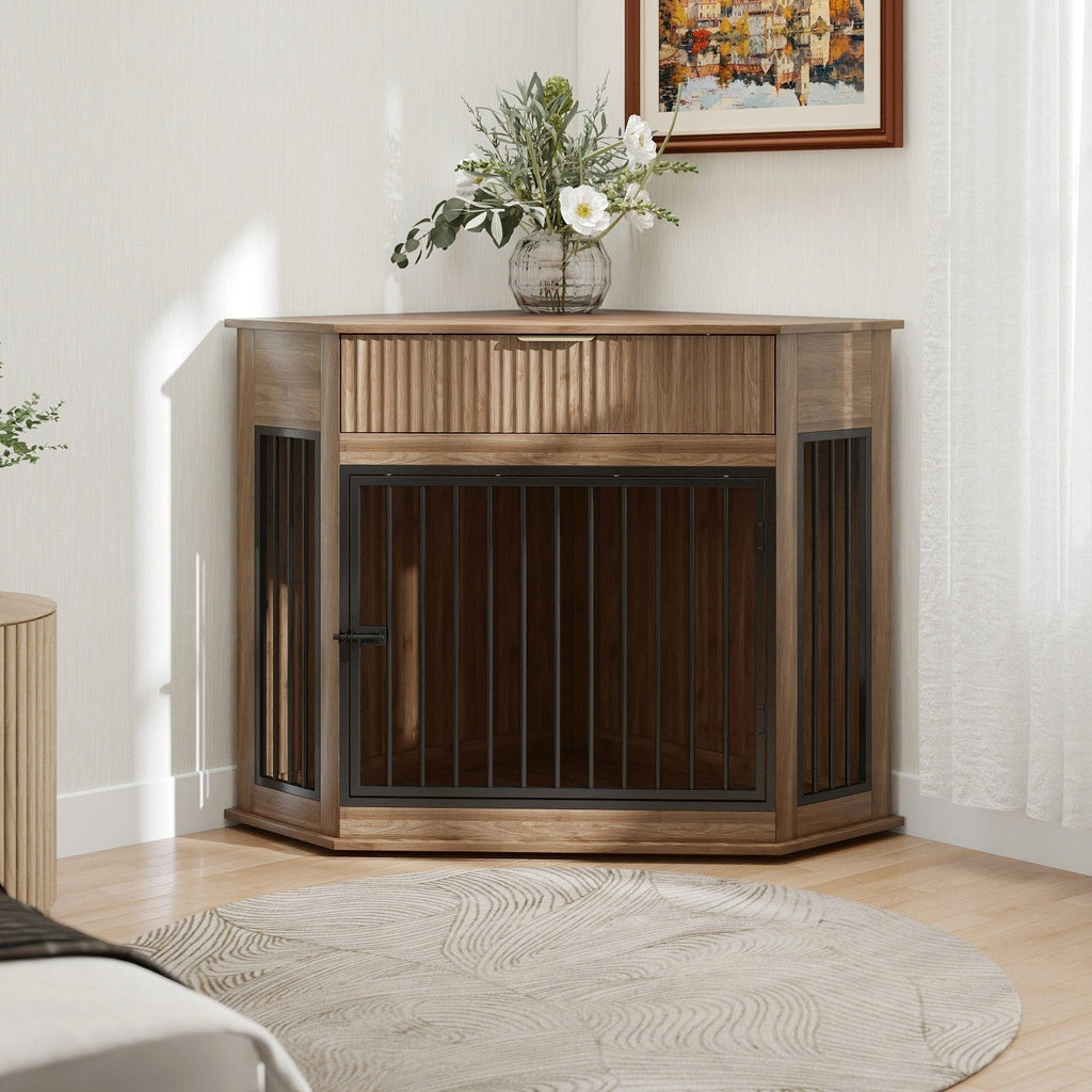 Corner Dog Crate Furniture with Fluted Drawer 