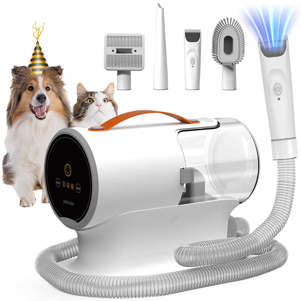 Pet grooming tool with attachments and two pets on a white background