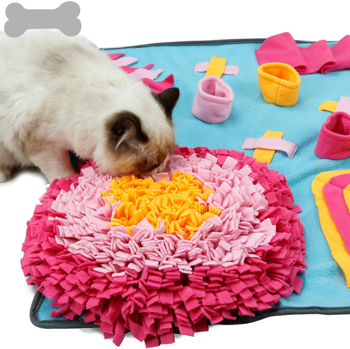 Cat playing with a colorful snuffle mat on a blanket