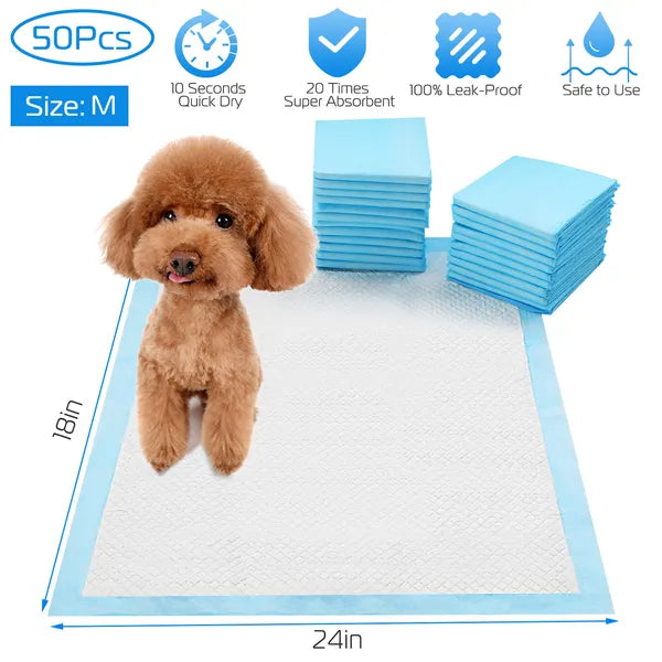 Dog training pads with a dog on top, showing features like quick dry, super absorbent, and leak-proof.