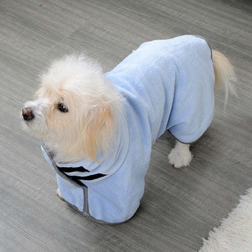 Small dog wearing a light blue hoodie on a gray floor.