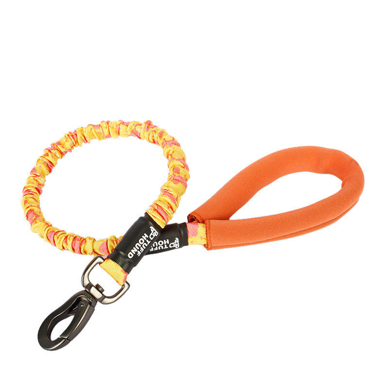 Dog leash with colorful handle and black clip on a white background