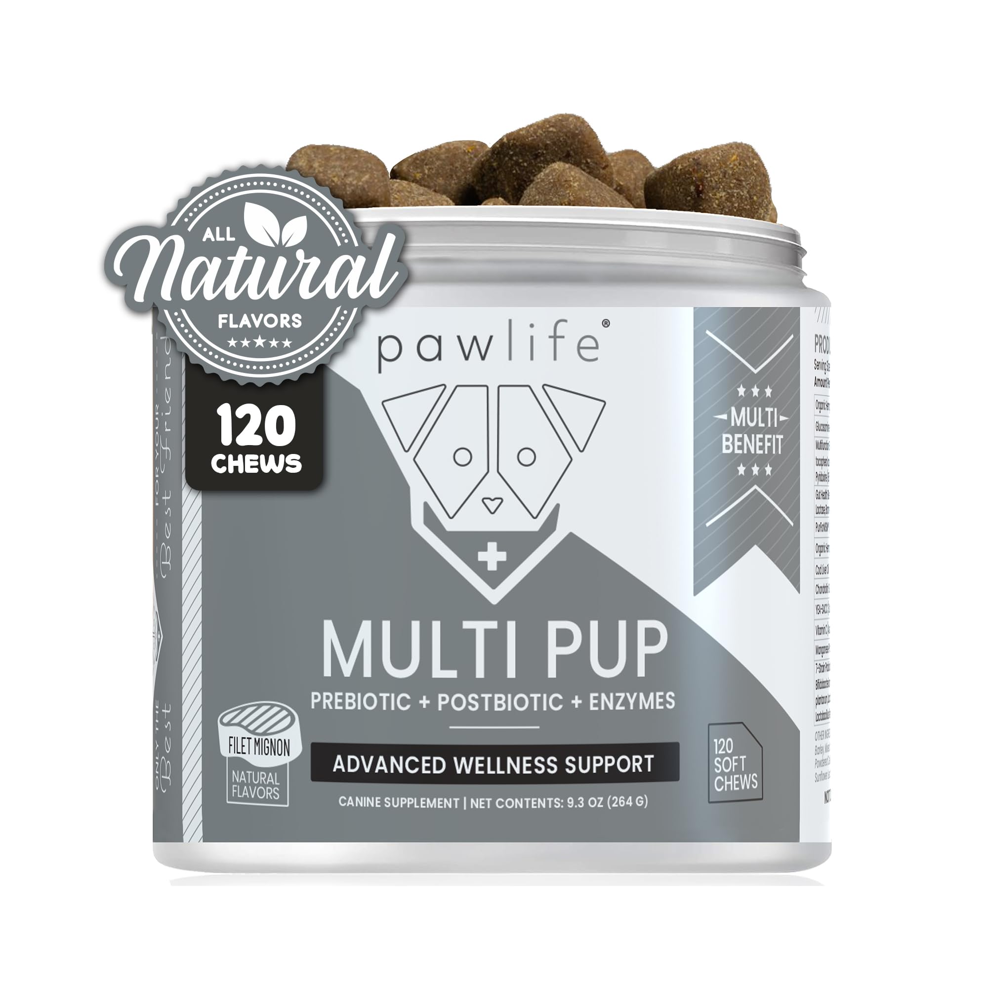 Pawlife Multi Pup dog chew supplement container on a white background