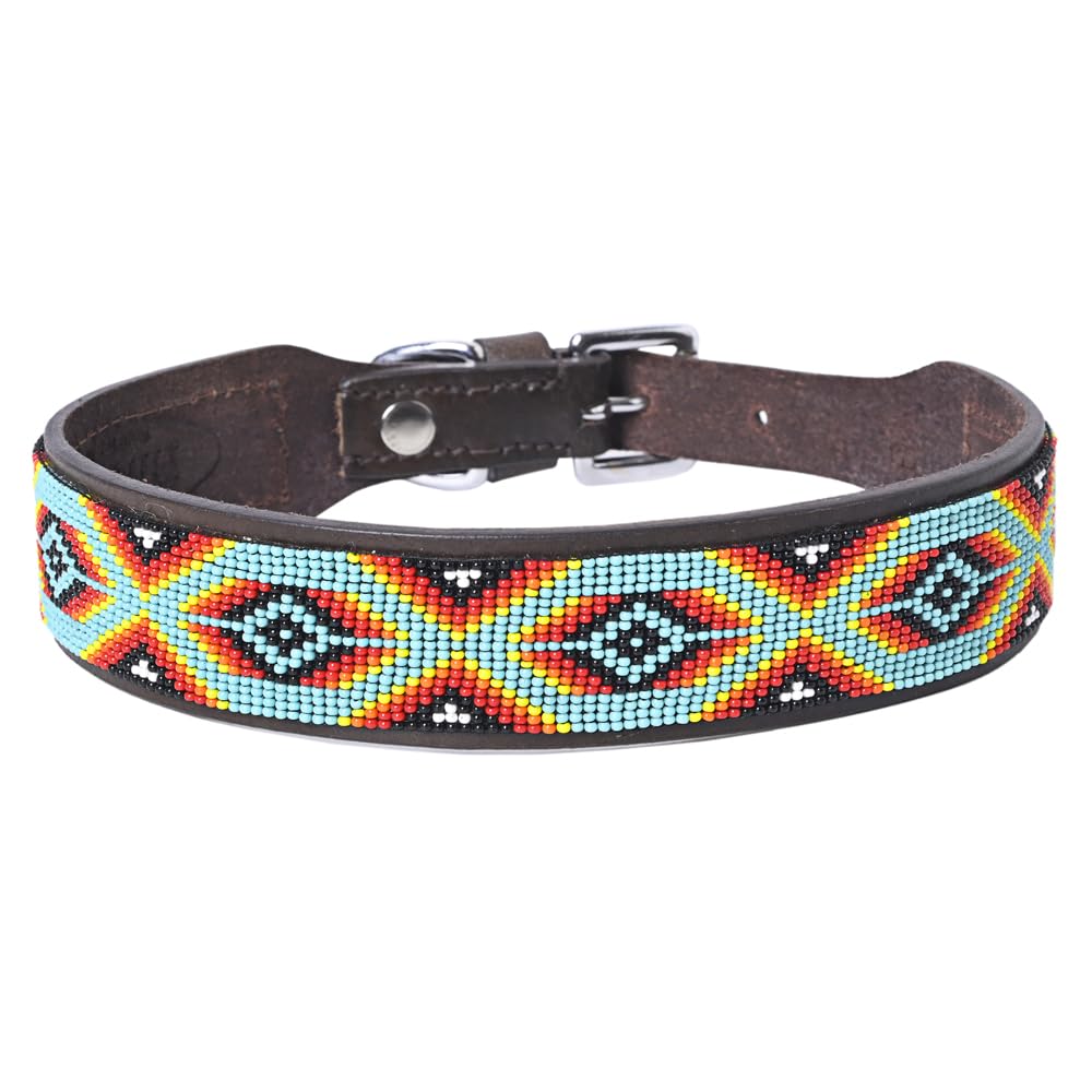 Dog collar with colorful beaded design on a white background
