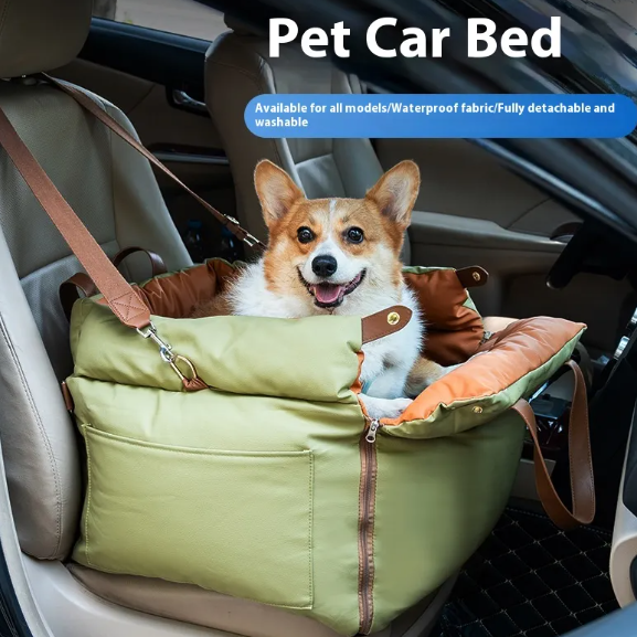 Pet car bed with a dog inside, placed in a car seat.