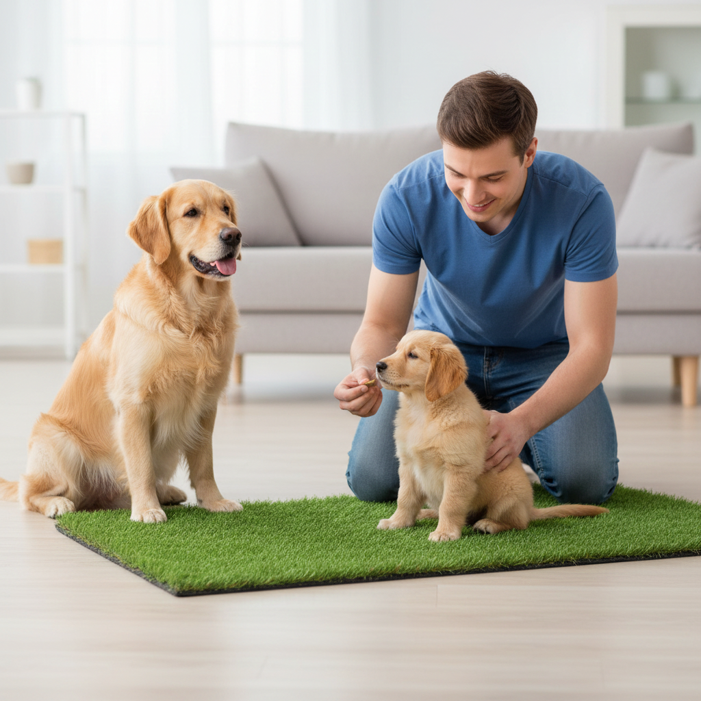 Man training a puppy on a grass-like mat with a adult dog sitting nearby in a living room.