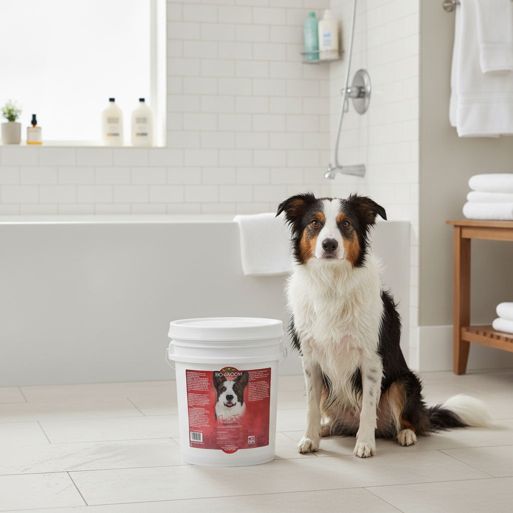 Dog sitting next to a bucket of Booda pet food in a bathroom.