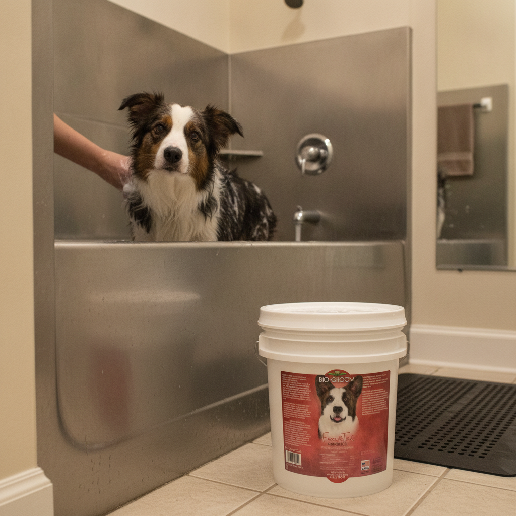 Dog in a shower with a bucket of Bio-Groom product on a tiled floor.