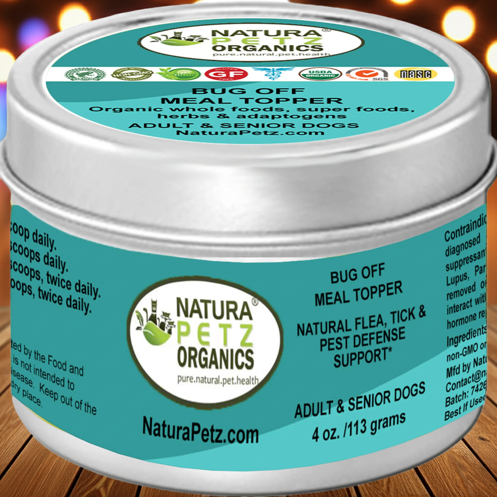Natura Petz Organics Bug Off Meal Topper container on a wooden surface