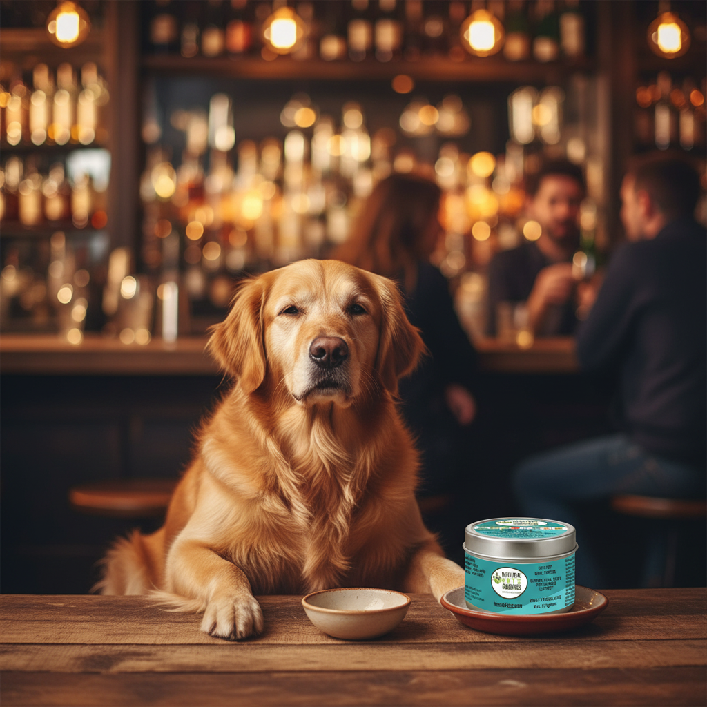 Dog sitting at a bar with a product on the table