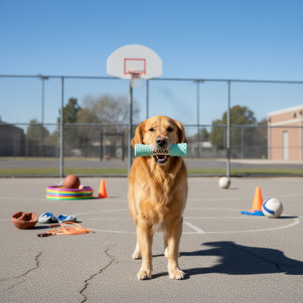 Dog holding a toy in its mouth on a basketball court with sports equipment around