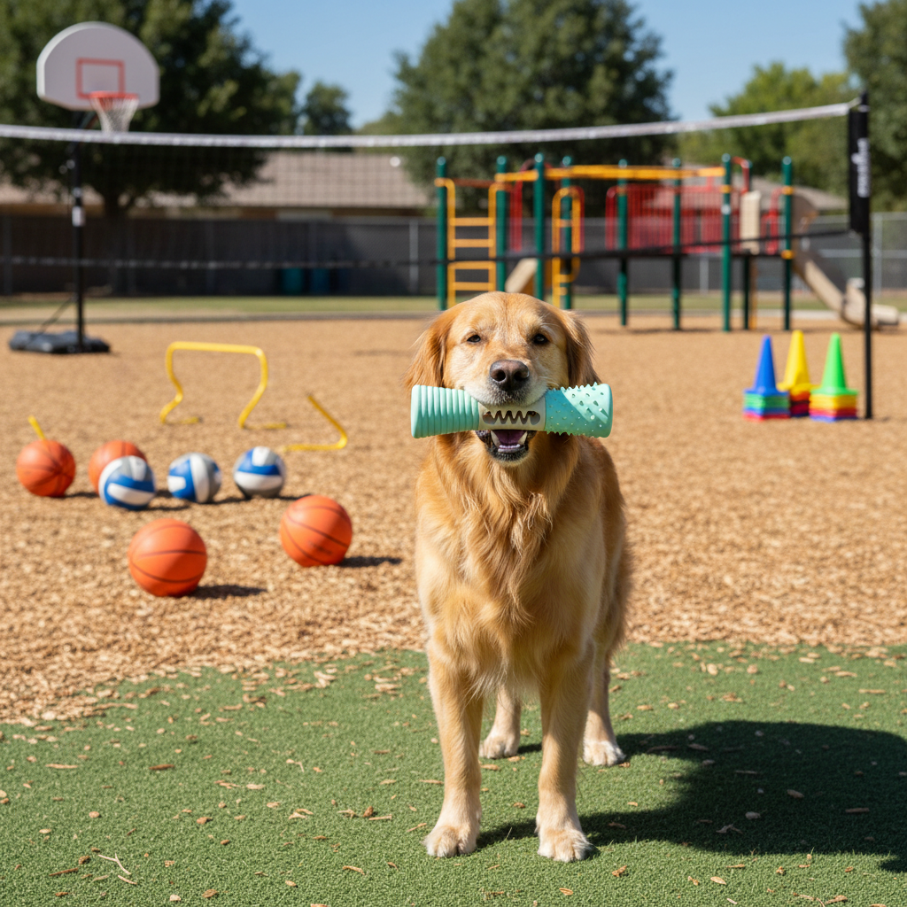 Dog holding a toy in its mouth at an outdoor playground with sports equipment and balls.