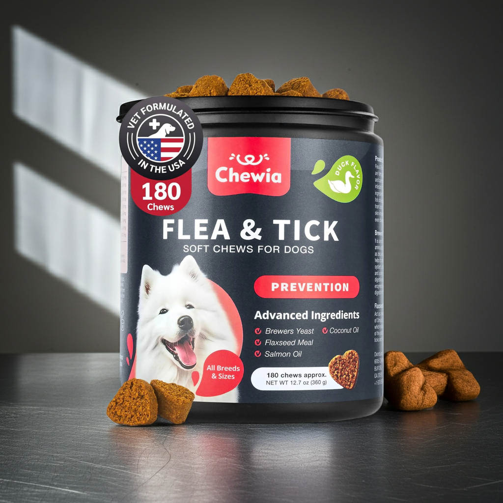 Chewia flea and tick soft chews for dogs on a dark surface with a gray background