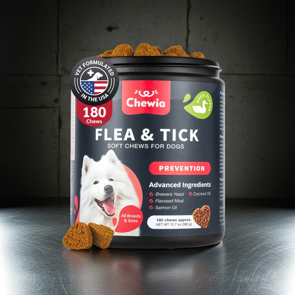 Chewia flea and tick prevention soft chews for dogs on a dark background