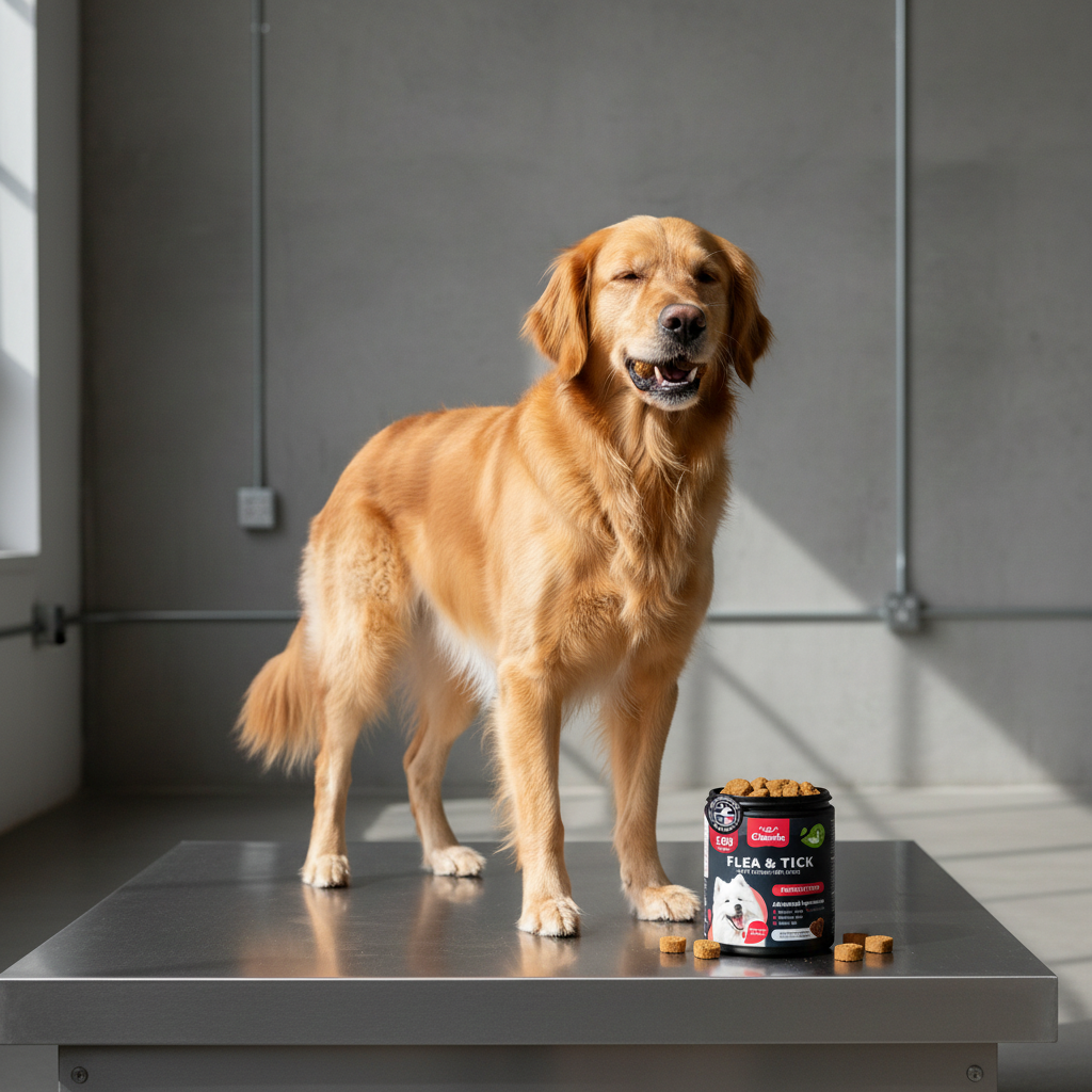 Golden retriever standing on a platform with a can of Hill's Science Diet pet food in the foreground.