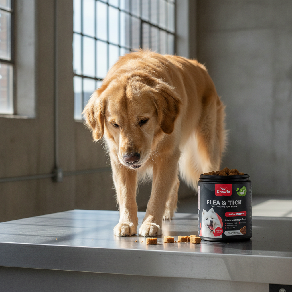 Dog standing on a table with a container of New Chapter pet supplements in the background.