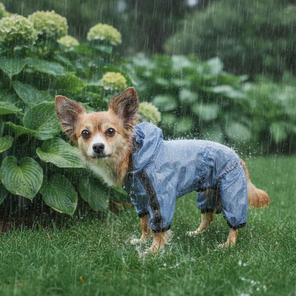 Dog wearing a blue raincoat standing in the rain with green foliage in the background