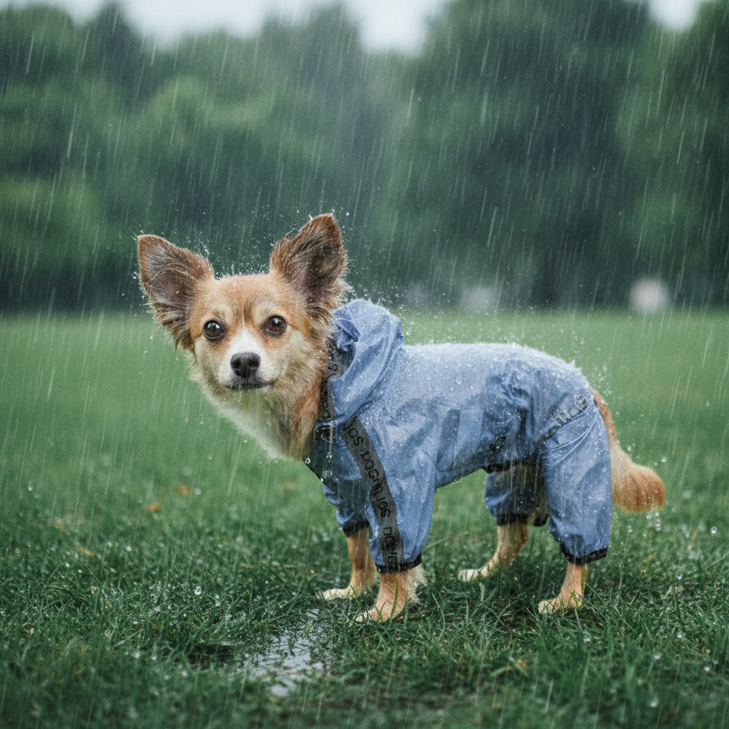 Dog wearing a blue raincoat standing in the rain on grass
