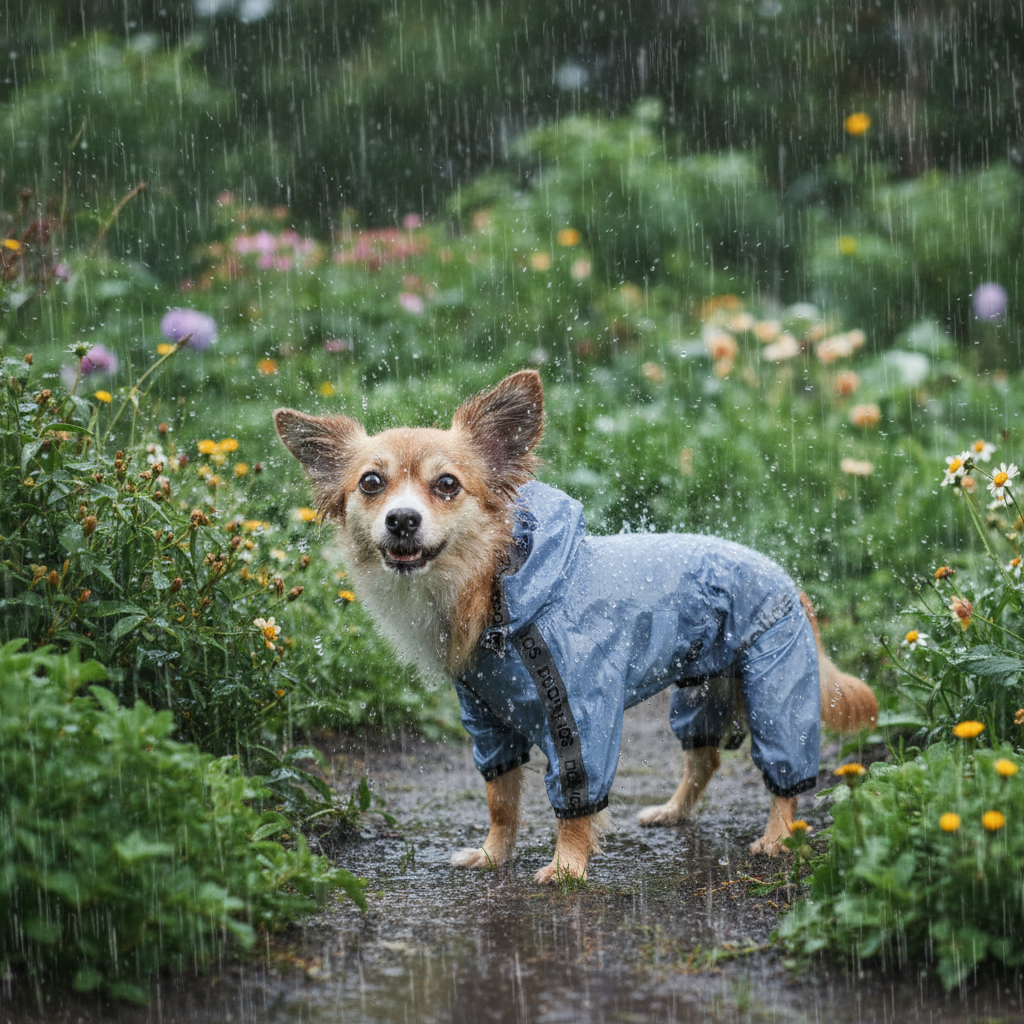 Dog in a raincoat standing in a garden during rainfall
