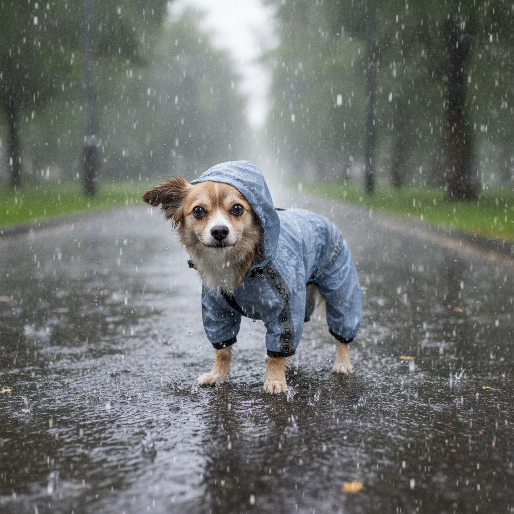 Dog wearing a blue raincoat standing on a wet road during a rainstorm.