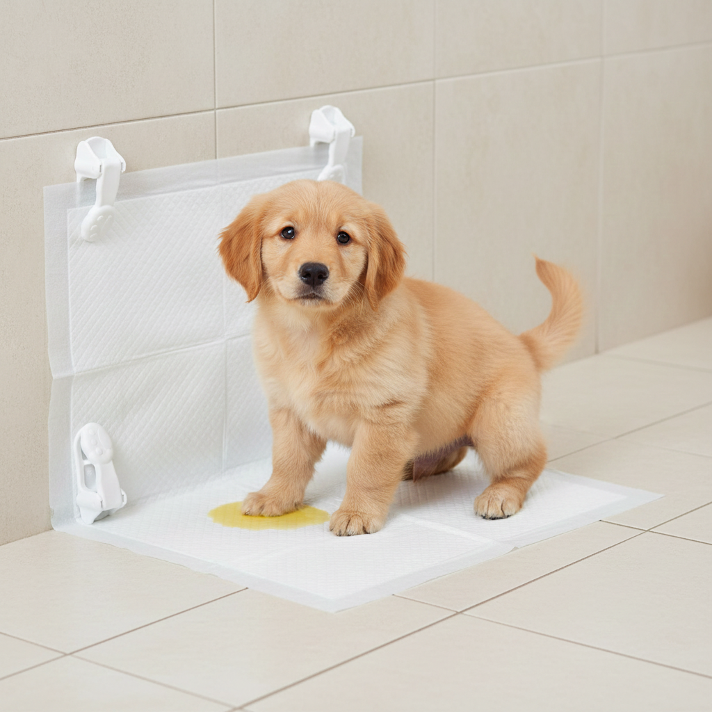 Puppy standing on a pee pad mounted with pee holder