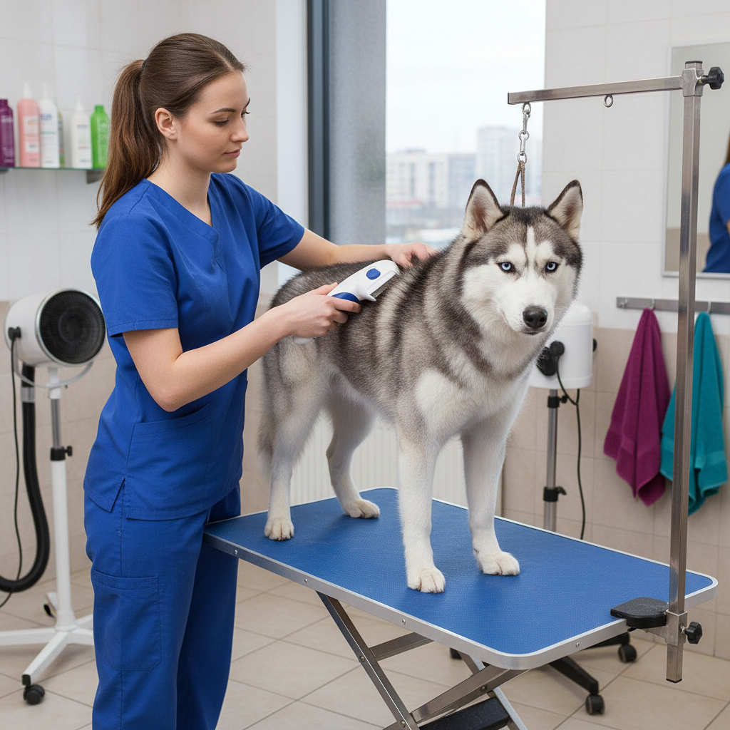 Woman petting a Husky dog with fleaease electric pet groomer