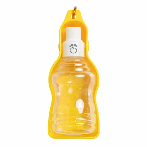 Yellow pet water bottle with a white cap on a white background