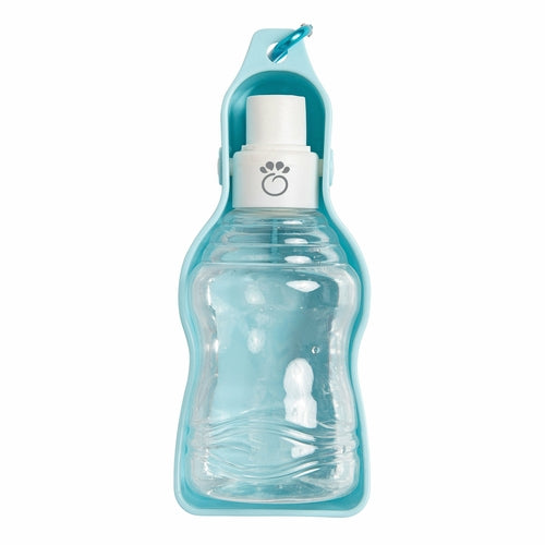 Pet water bottle with blue holder on a white background