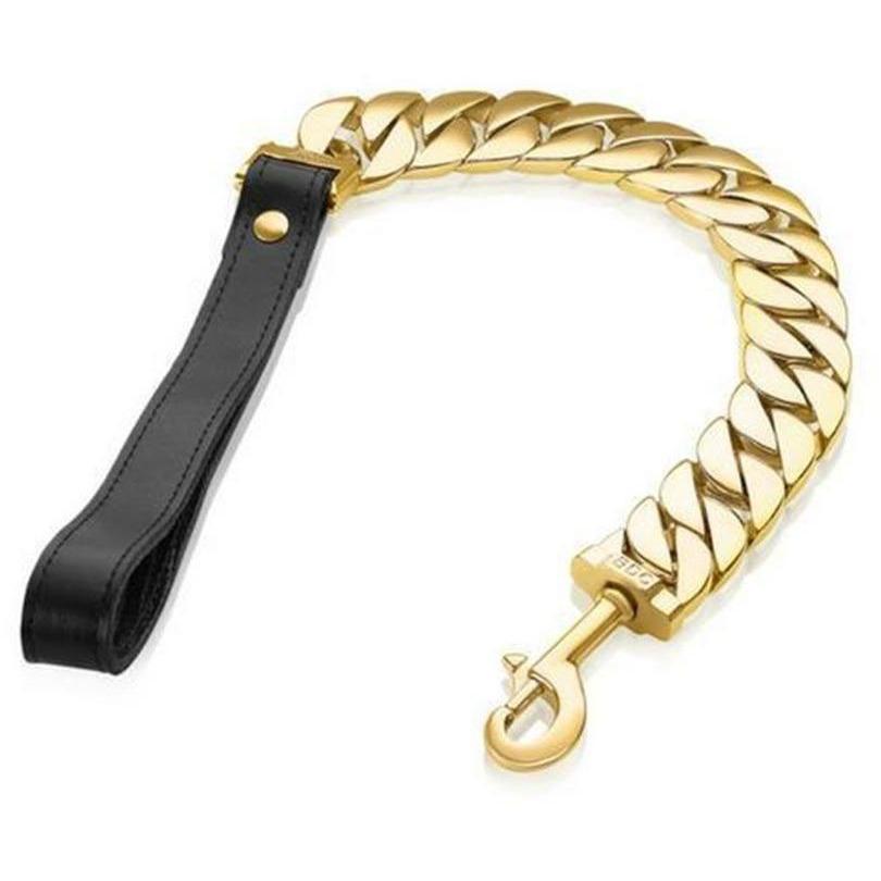 Gold chain dog collar with a black leather strap on a white background