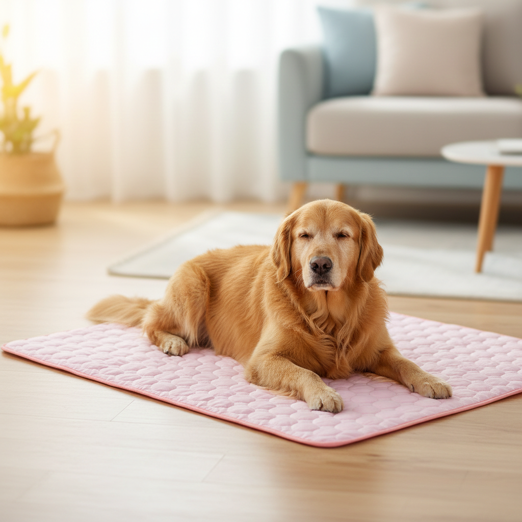 Dog lying on a pink mat in a living room