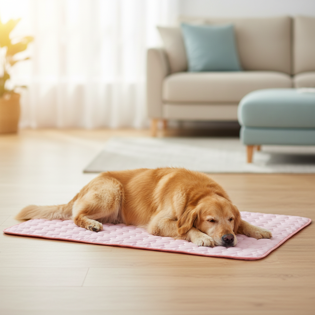 Dog lying on a pink mat in a living room with a couch and plant in the background