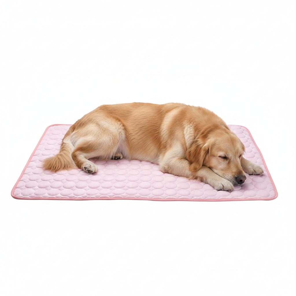 Dog lying on a pink quilted mat with a white background