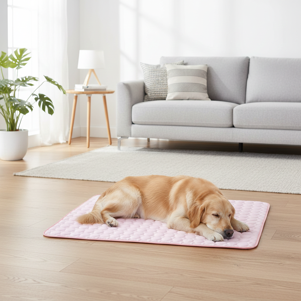 Dog lying on a pink mat in a living room with a gray sofa and plants.