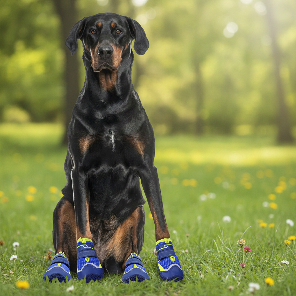 Dog wearing blue boots sitting on grass with a blurred natural background
