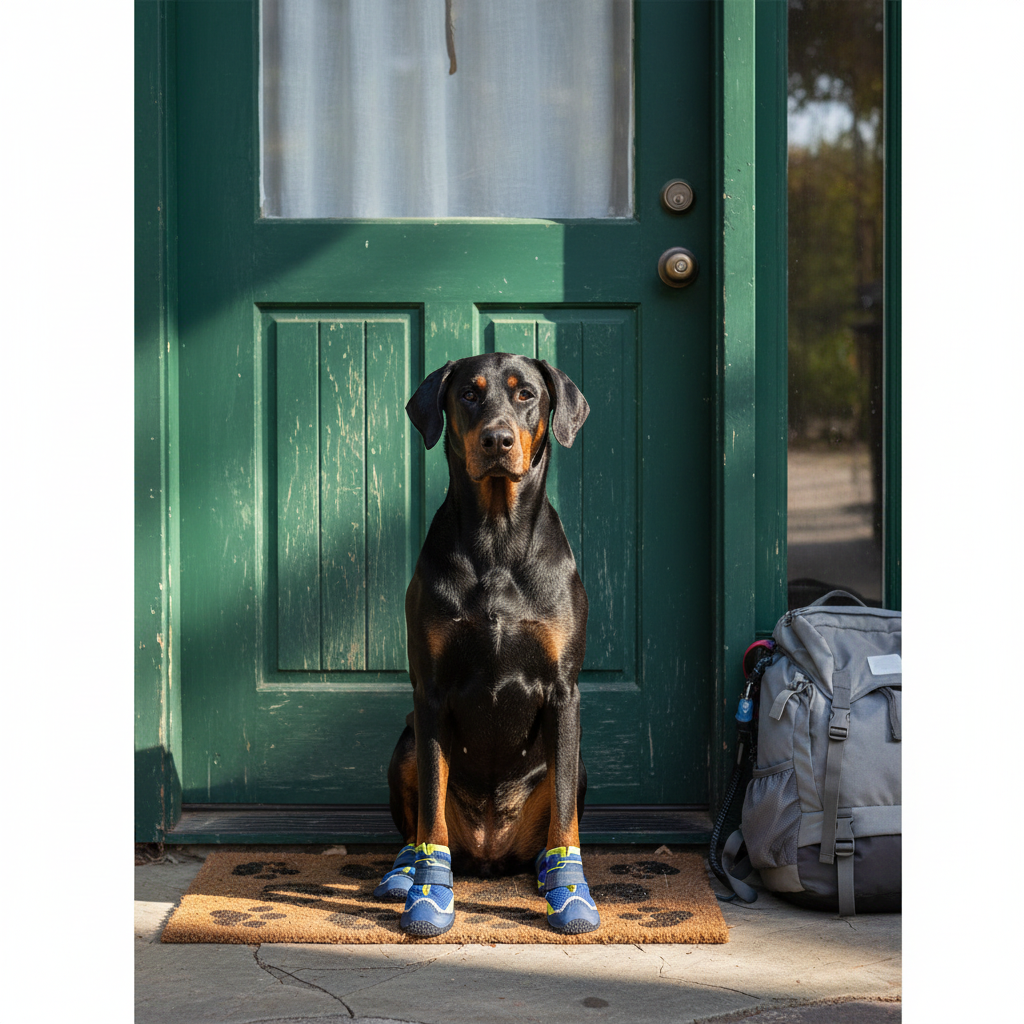 Dog wearing blue shoes sitting on a doormat in front of a green door.