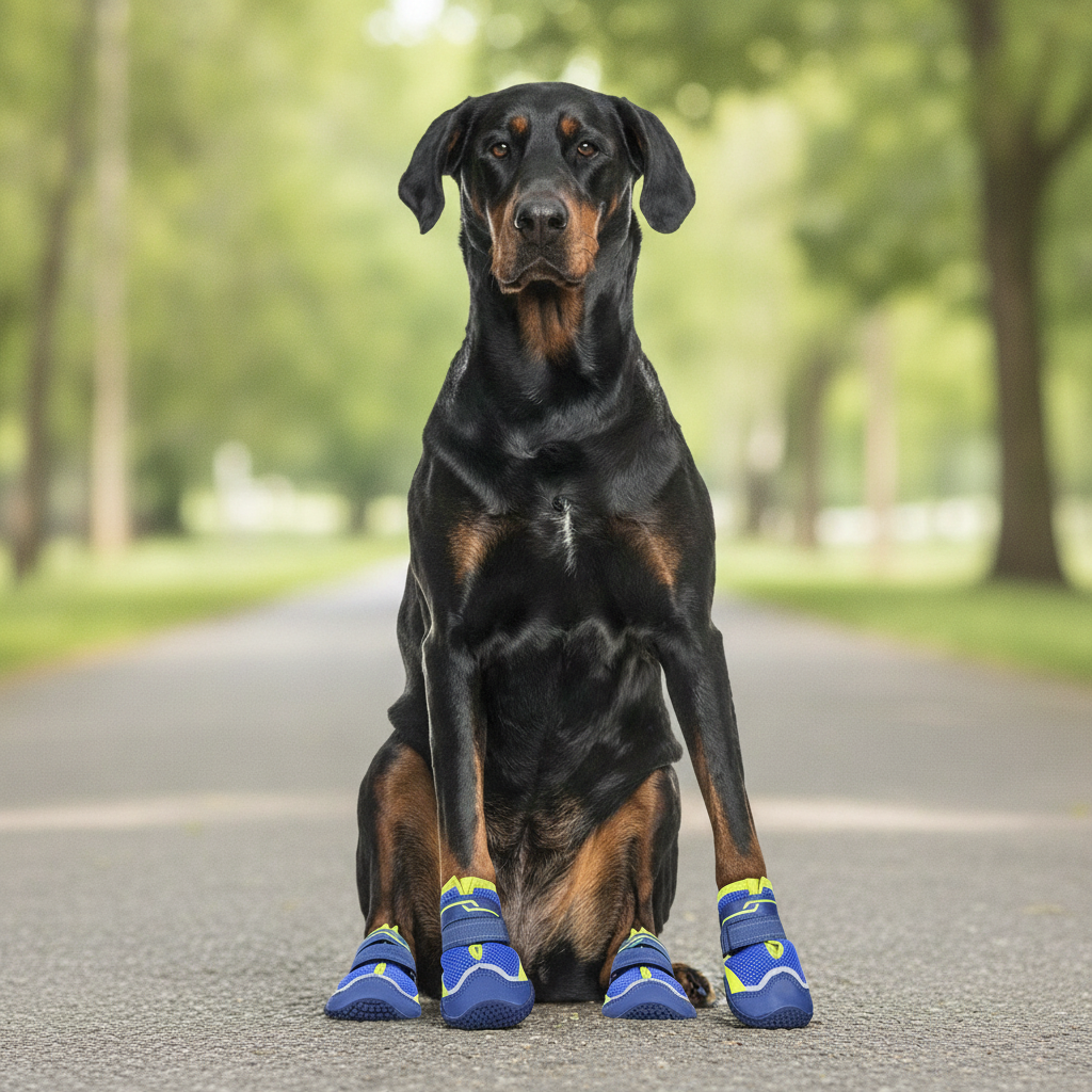 Dog wearing blue shoes with green accents sitting on a road in a park-like setting