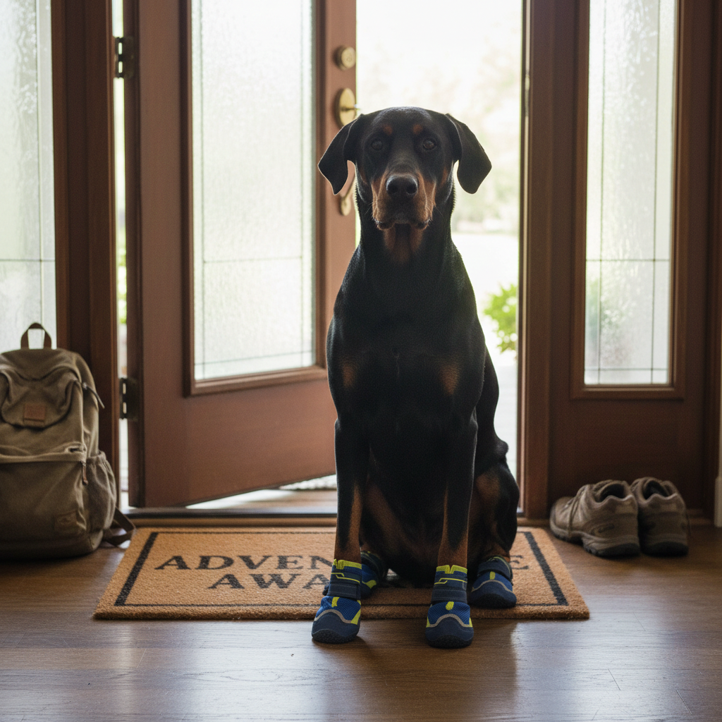 Dog sitting on a doormat with shoes and a backpack in the background