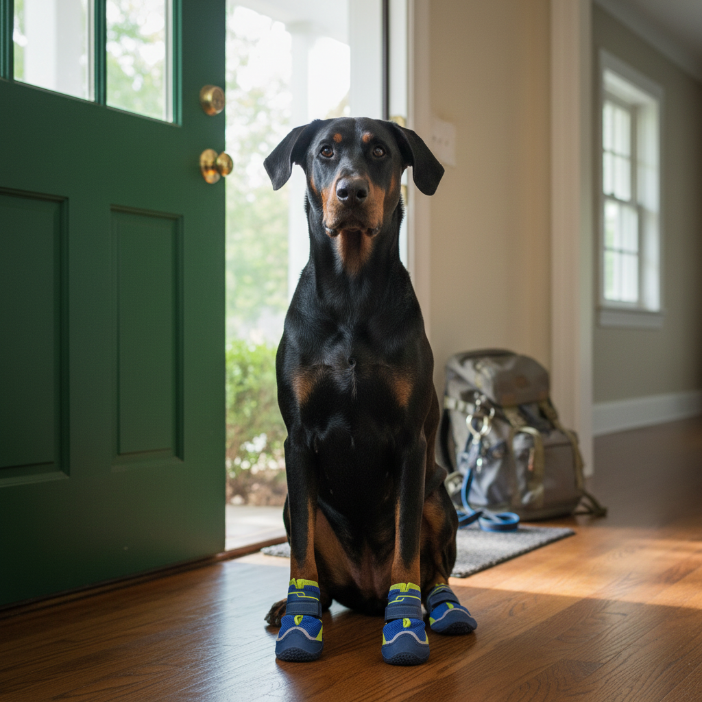 Dog wearing blue socks sitting in a room with a green door.