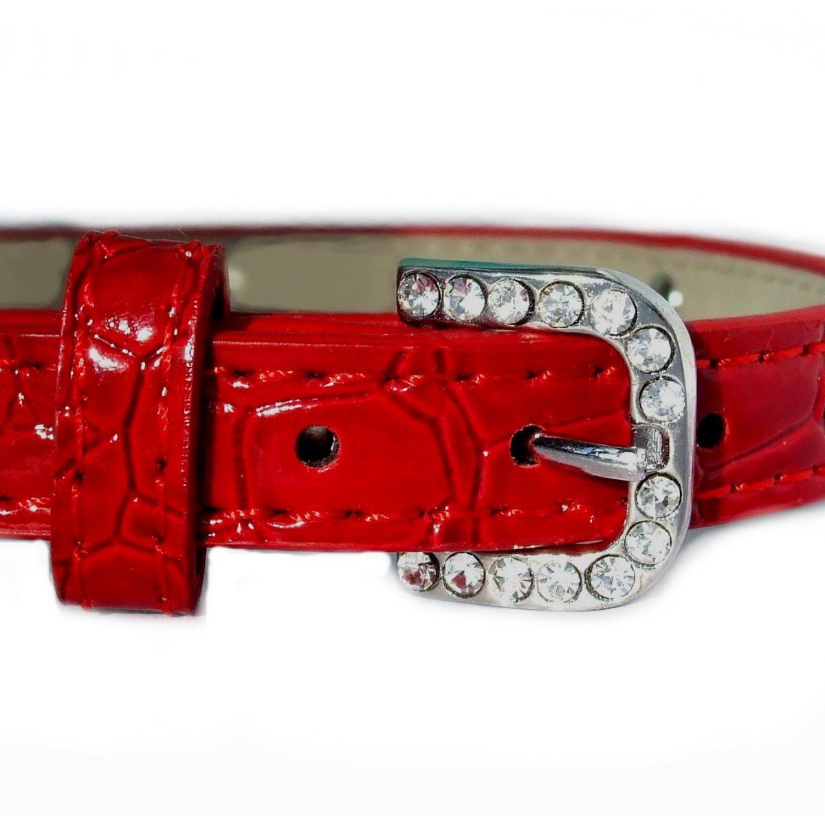Red leather belt with a silver buckle featuring gemstones on a white background