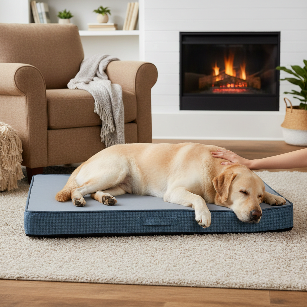Dog lying on a blue pet bed in a cozy living room with a fireplace.