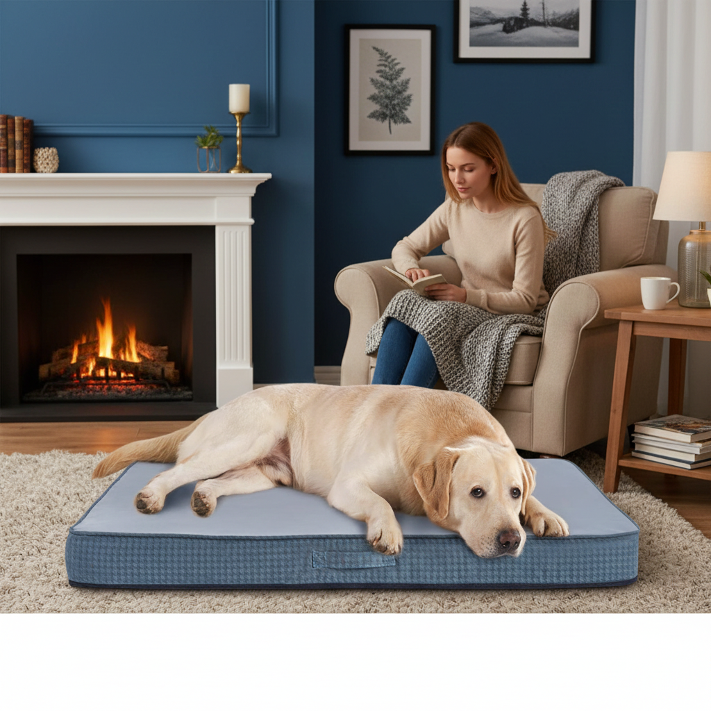 Woman reading a book in a cozy living room with a dog on a large blue pet bed.