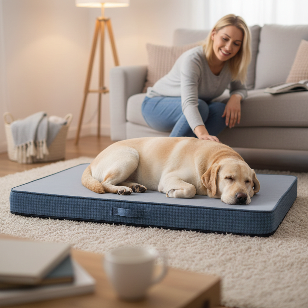Woman petting a dog on a large blue pet bed in a living room.