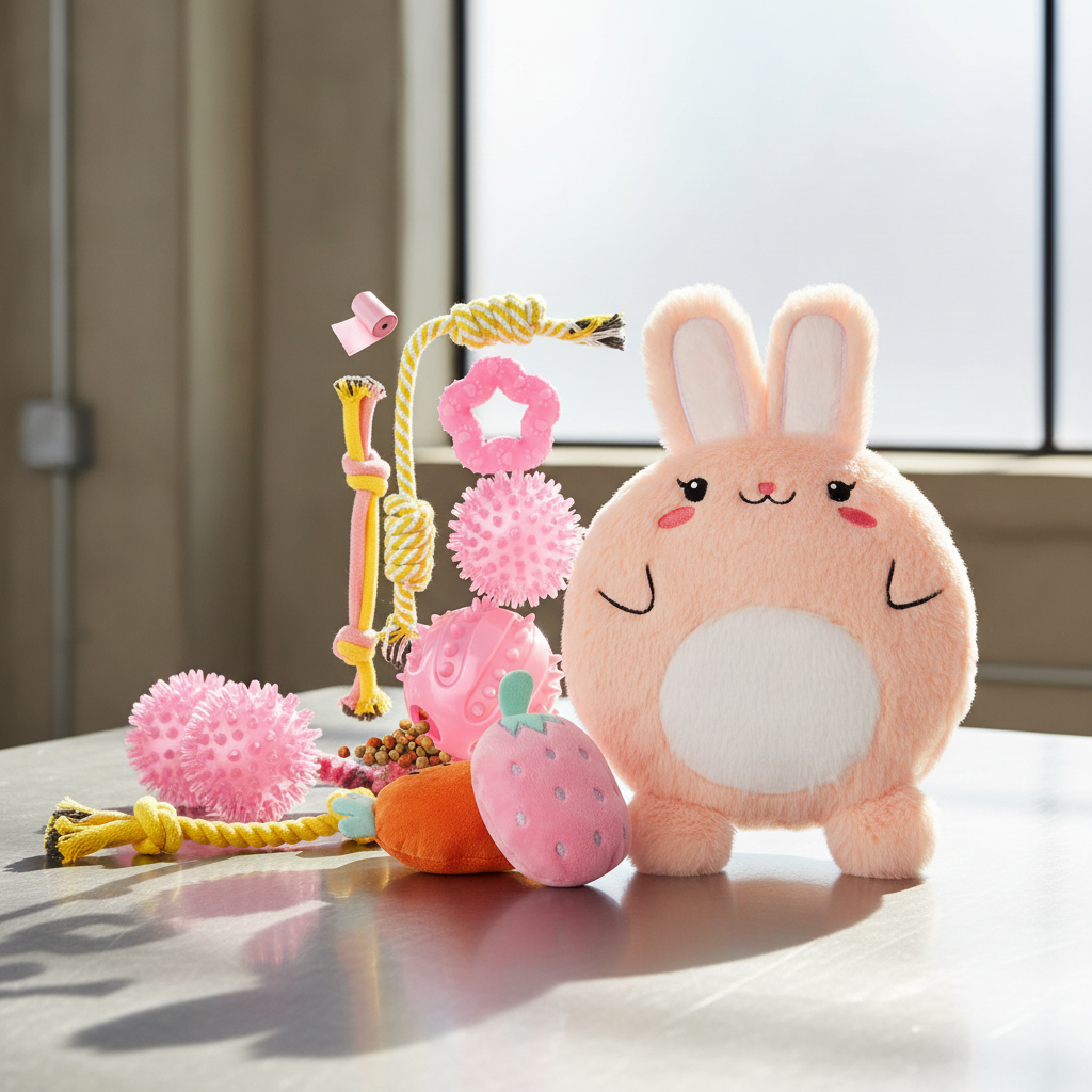 Plush toy rabbit with colorful pet toys on a reflective surface