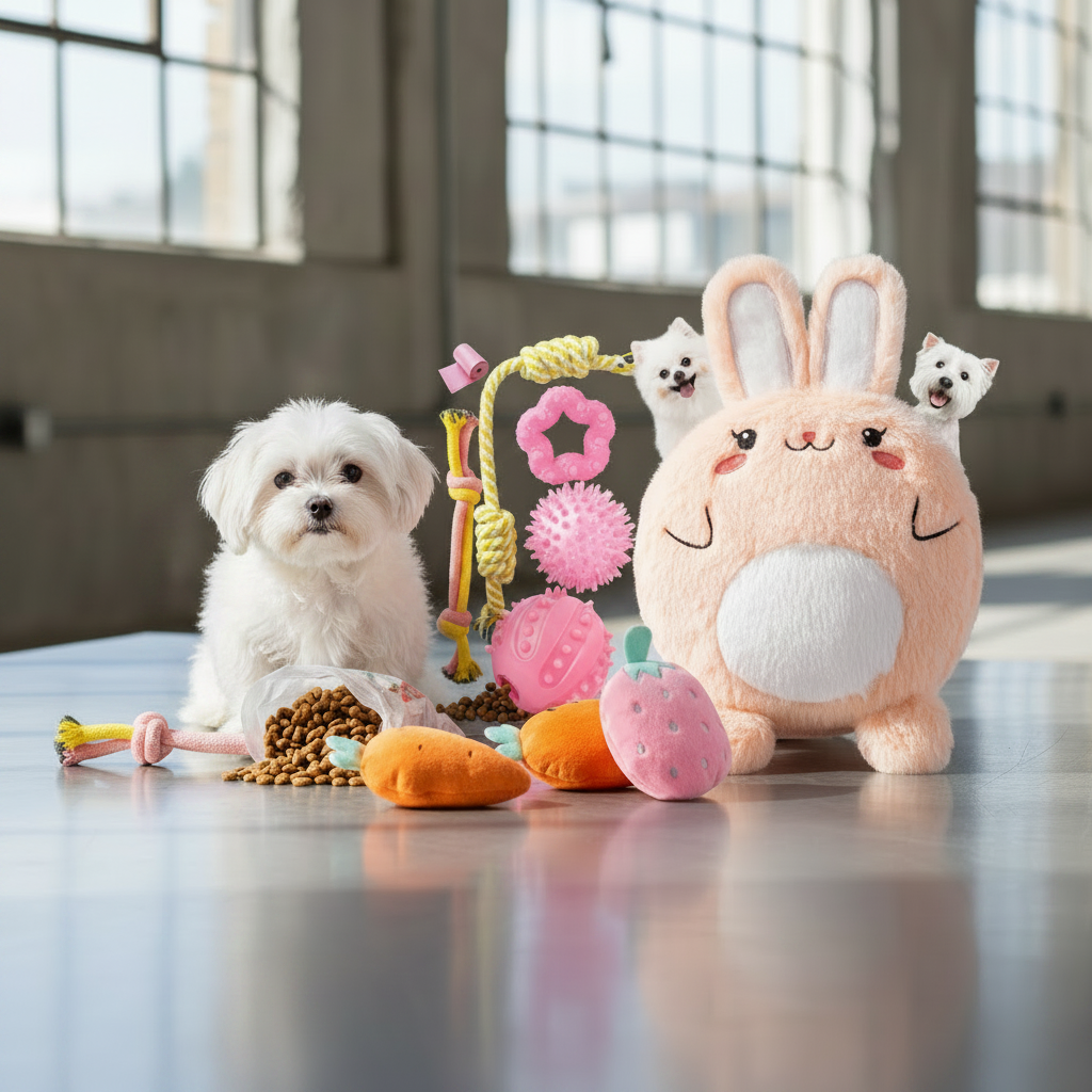 Plush rabbit toy with a baby bouncer and small toys on a reflective surface.
