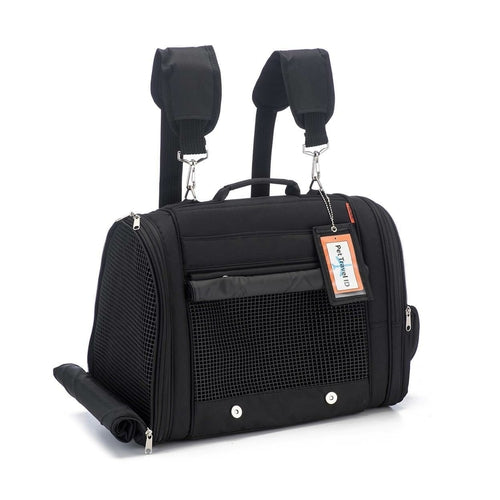 Black pet carrier with straps on a white background