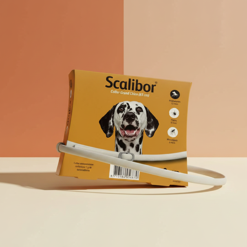 Scalibor product packaging with a Dalmatian dog illustration on a two-tone background